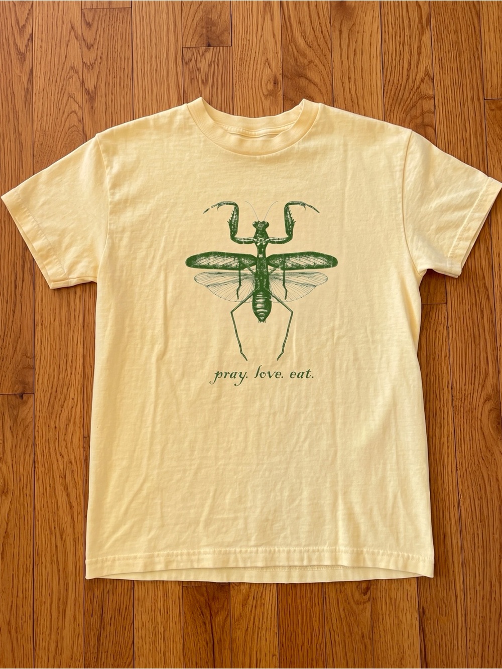 Gildan Yellow Tee with Green Praying Mantis Graphic